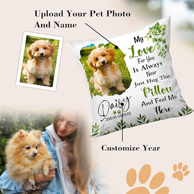 Personalized Memorial Throw Pillow with Photo (Insert Included), Sympathy Gift for Pet Loss, Customized Pillow Pets for Dog and Cat Owners (Green)