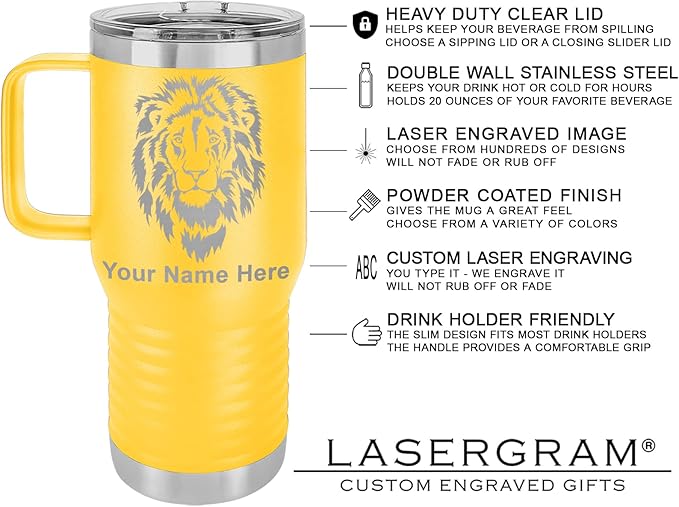 LaserGram 20oz Vacuum Insulated Travel Mug with Handle, Cup of Coffee, Personalized Engraving Included (Yellow)