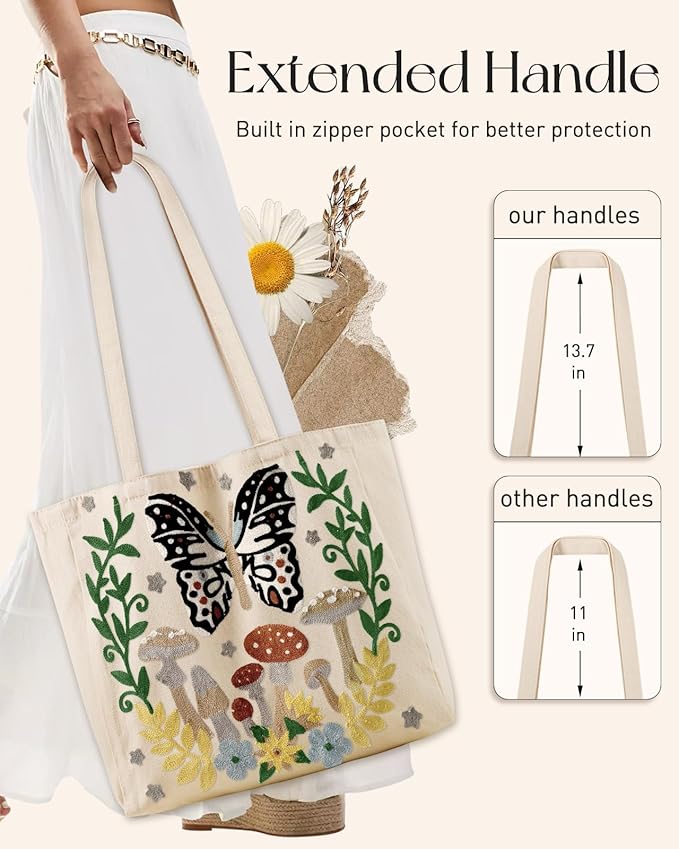 Miss Adola Aesthetic Embroidery Tote Bag for Women - Reusable Canvas Cute Shoulder Bag for Shopping, Grocery, Work, Book