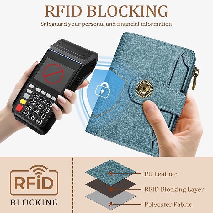 Blue Small Wallet Women RFID Blocking Bifold, Credit Card Holder, Zipper Coin Pocket, PU Leather, Compact, Travel, 4 ID Window, 14 Card Slots, Cash Purse, Ladies Woman Female Girls