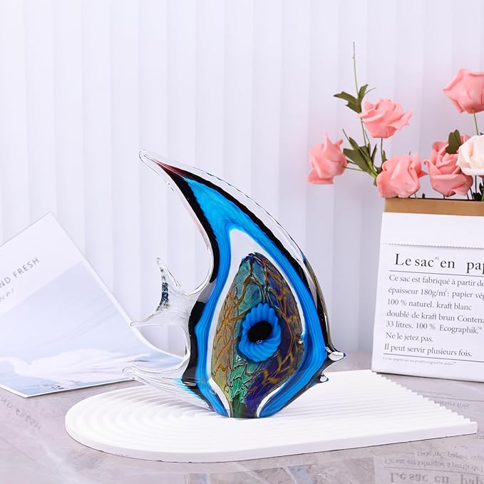 DOVDOV Hand Blown Glass Fish Sculpture, Blue and Colored Glass Fish Decorations, Colorful Home Decorations for Bookshelf, Office, Living Room TV Stand, Room Decor Aesthetics.