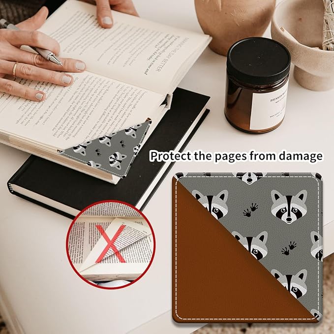 Cute Leather Bookmarks, Fun Triangle Making Corner Bookmark, Book Accessories for Reading Book Lovers, Unbreakable Page Markers for Women Men Funny Raccoon