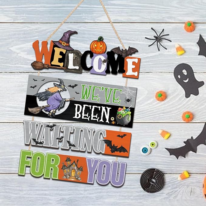 CHDITB Halloween Welcome Wooden Sign, Spooky Witch Wooden Hanging Plaque, Festive Halloween Front Door Sign, We've Been Watering for You Wall Art Hanger for Thanksgiving Decor