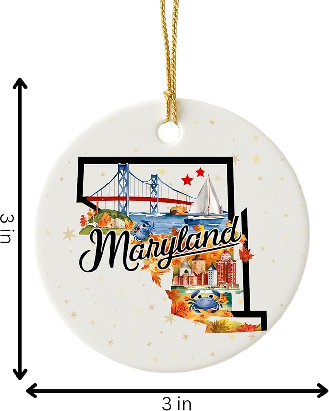 USA State Landmark Ceramic Ornament – Round Glossy Christmas Decoration Featuring U.S. State Art, Landmarks & Holiday Scenery – Collectible Travel Souvenir Ornament Series (Maryland)
