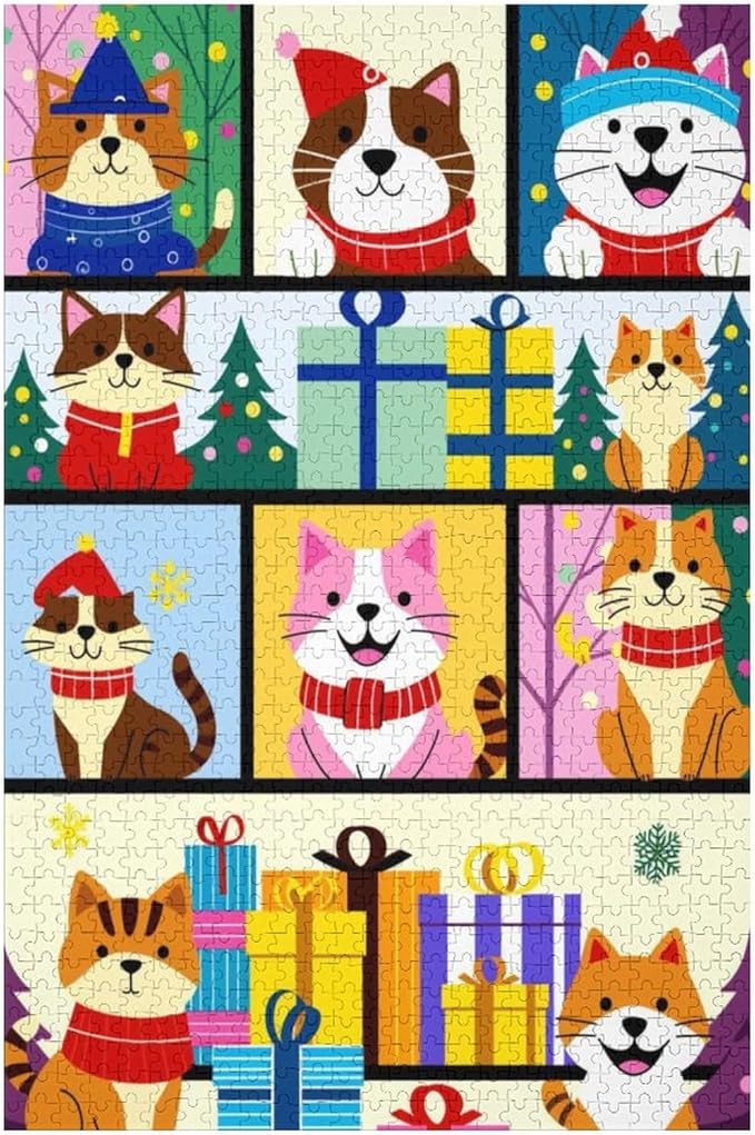 Wooden Puzzle 1000 Pieces Adult - Christmas Dog Cat Puzzle Christmas Puzzles, Holiday Puzzles, Family Toys, Party Games, Jigsaw Puzzle Challenge and Funny
