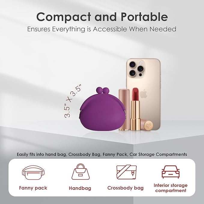 Coin Purse for Women – Silicone Small Coin Pouch with Kiss Lock for Coins, Keys, Lipstick, and Earphones – Mini Cute Change Purse, Coin Purse & Pouch for Daily Life, Cars, Travel, Party (Purple)