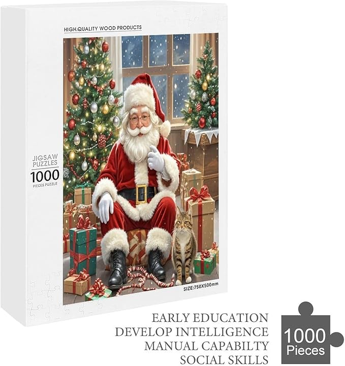 Puzzles for Adults 1000 Pieces Wooden Jigsaw Puzzle - Santa Claus and Kitten Christmas Series Theme Puzzle，Party Games，Family Toys，Educational Puzzles，Stress Relief Wooden Puzzle，Home Decoration