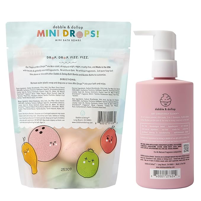 Dabble & Dollop Tropical Mini Bath Bombs & Coconut Shampoo, Body Wash and Bubble Bath for Kids - All Natural Scents, Resealable Pouch, Vegan, Gluten-Free, Cruelty-Free (Pack of 2)