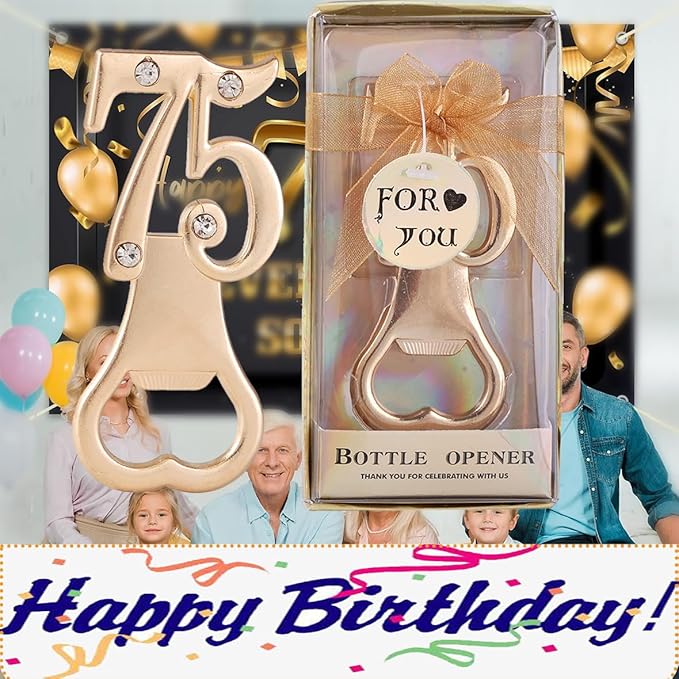 Baseo 24pcs Gold Themed 75th Birthday Bottle Openers, 75th Anniversary Party Gifts & Decorations