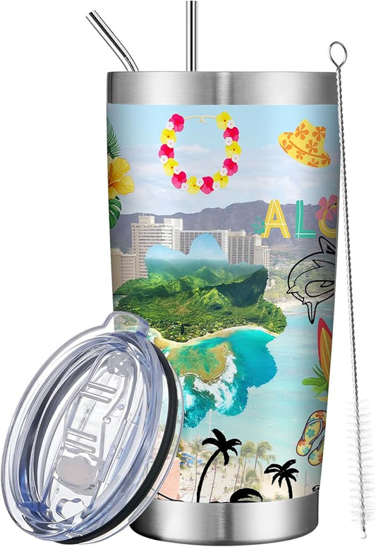 20oz Insulated Tumbler Hawaii State Coffee Mug, United States Map Travel Mug Landmark, Birthday Gifts Cute Custom Tumbler Cups with Lid and Straw Mothers Day Gifts