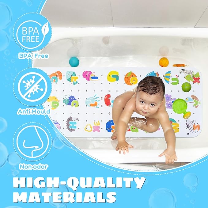 Baby Bath Mat for Tub Non Slip Kids Bathtub Mat Extra Long 40X16 Inch Toddler Bath Tub Shower Mat Anti Slip with Suction Cups & Drain Holes, Machine Washable (Alphabet)