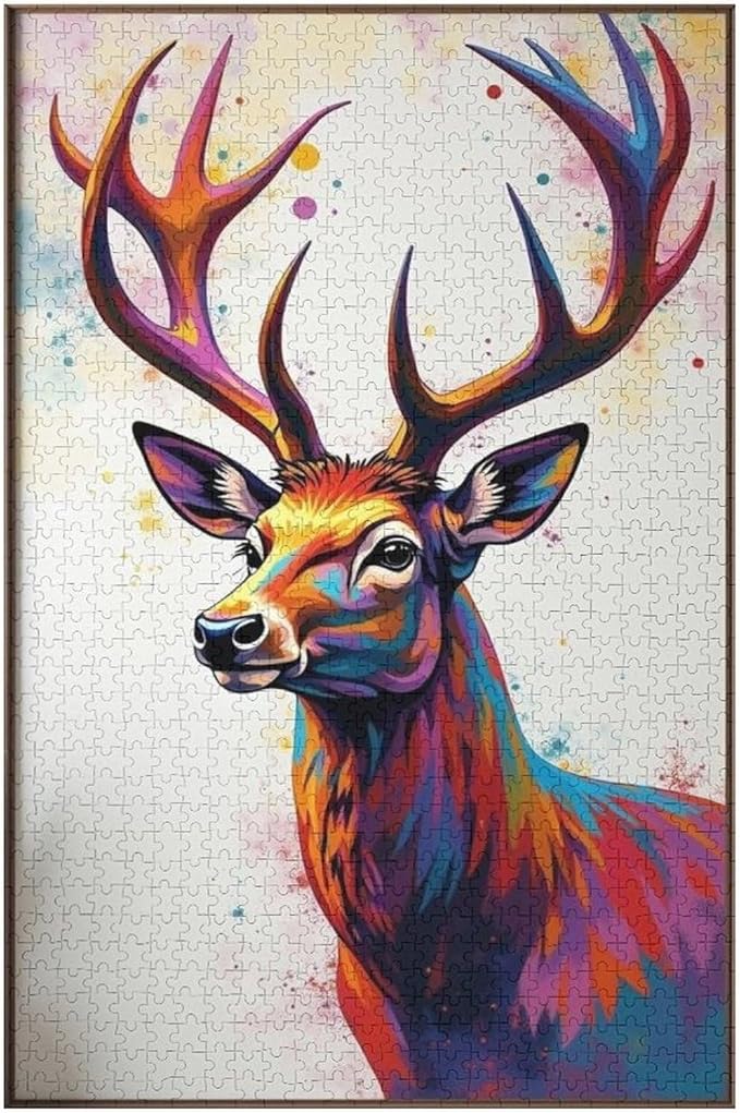 Wooden Puzzles 1000 Piece，Color Abstract Deer Painting Themed Jigsaw Puzzles，Challenge Puzzles，Educational Games，Family Puzzles，Unique Gifts for Wall Art，Funny Puzzles，Stress Relief Games