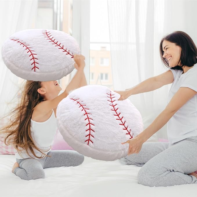 Baseball Pillow, 2 Pcs Baseball Plush Pillow, Soft Fluffy Stuffed Sports Throw Pillows, Home Decor Cushion, Round Baseball Pillows, Sports for Room Decoration 15.8"