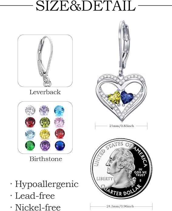Heart Leverback Earrings Double Birthstone Dangle Earrings for Women, Love Jewelry for Her, Christmas Gifts for Women, Anniversary Birthday Gift for Mom Wife Girlfriend