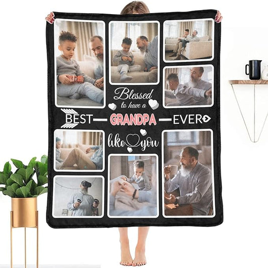Custom Blanket Gifts with Photos, Personalized Bed Throws for Grandpa, Custom Souvenir Throw Blanket for Best Grandpa Ever, 8 Collages Made in USA