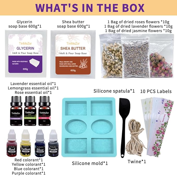 TinMeZor Soap Making Kit for Adults - DIY Natural Soap Supplies Glycerin & Shea Butter Soap Base with Soap Molds, Dried Flowers, Dye and Fragrances- DIY Craft Kit