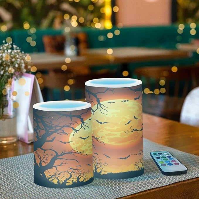 ALAZA Halloween Moon Tree Bat Flickering Flameless Candles Battery Operated with Remote Timer,Tea Light Candles LED Pillar Votive Candles Set of 2 for Outdoor Indoor Decorations