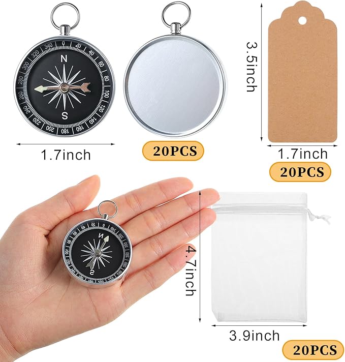TaoBary 60 Pcs Compasses Valentines Day Wedding Party Favors Set, 2026 Mini Compass Souvenir Nautical with Kraft Tags and Organza Bag for Guests Birthday Nautical Travel Party Souvenir Gift(Silver)