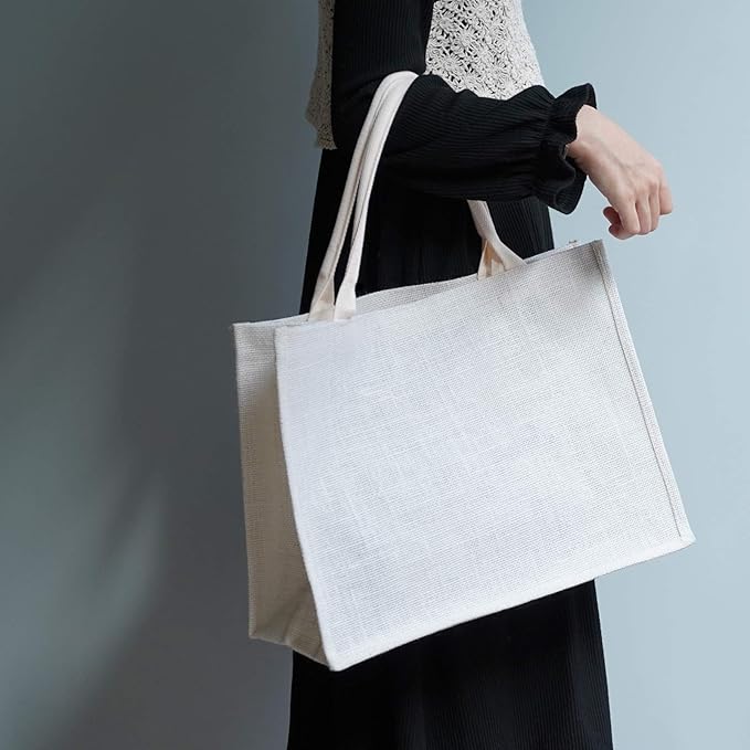 Segarty Tote Bags, 3 Pack Large White Burlap Jute Reusable Canvas Gift Favors Bag with Handles Blank Tote Bulk for Bridesmaid Wedding, Women Market Grocery Shopping, Bachelorette Party, Beach Trip