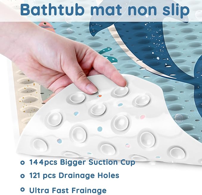 LNOND Bath Mat for Tub for Kids, Toddler Bathtub mat Non Slip, Jellyfish Coral Kids Bath Mats for Bathroom Non Slip with Drain Holes and Suction Cups,Machine Washable (40 X 16 Inch)