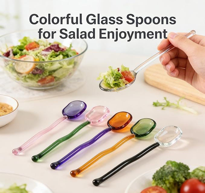 Glass Spoons 5/6 Pieces - 6.1 inch Crystal Coffee Teaspoons, Heat Resistant Long Handle Glass Drink Stirrers, Colored Translucent Spoons for Tea, Sugar, Yogurt, Dessert, Soup, Home Bar Party (5)