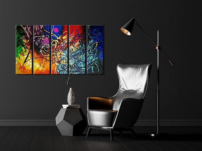 Wieco Art Colorful Abstract Heart Oil Paintings on Canvas Wall Art Ready to Hang for Living Room Bedroom Home Office Decorations Modern 5 Panel 100% Hand Painted Stretched and Framed Artwork