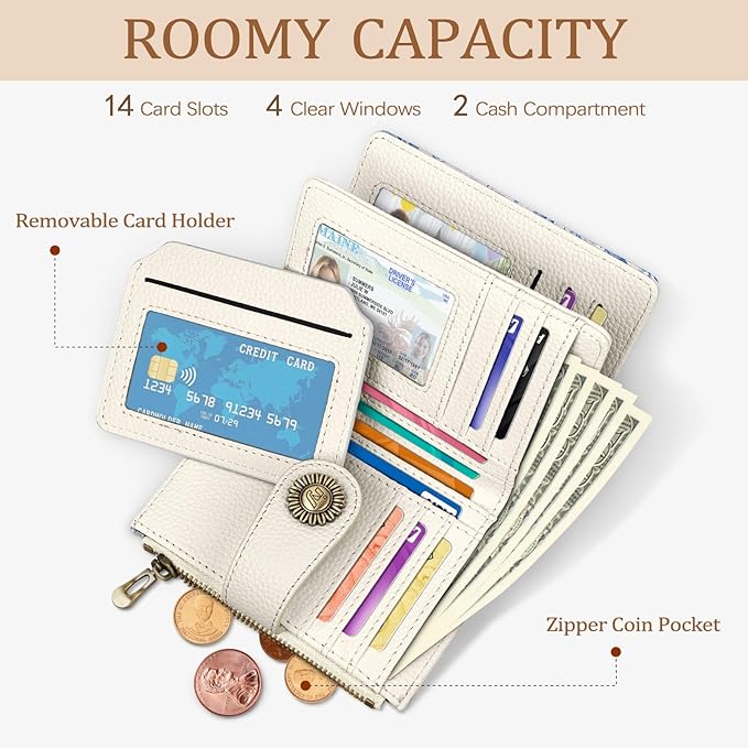 Floral Flowers Small Wallet Women RFID Blocking Bifold, Credit Card Holder, Zipper Coin Pocket, PU Leather, Compact, Travel, 4 ID Window, 14 Card Slots, Cash Purse, Ladies Woman Female Girls