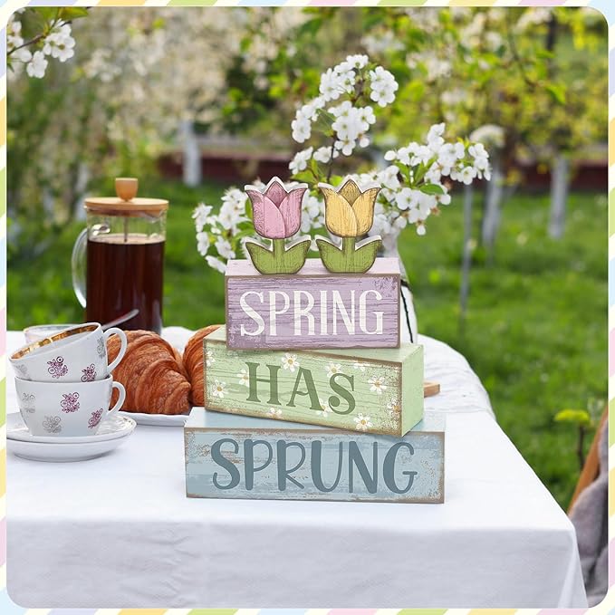 4 Pcs Spring Table Decor Wood Floral Decoration Tulip Centerpiece Spring Tiered Tray Decor Decorative Colorful Flower Block Signs Gift Farmhouse Decoration for Home Kitchen