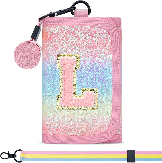 Gifts for Girls 3 4 5 6 7 8 9 10 11 12 Years Old Kids Wallet Cute Initial Coin Purse Toddler Wallet with Magic Sticker (Shiny Rainbow, L)