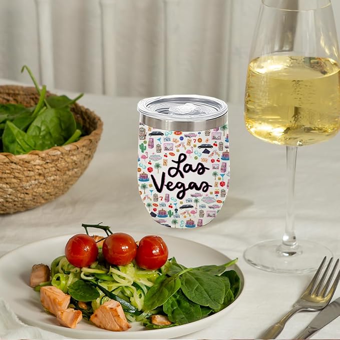Las Vegas Gifts Travel Souvenir Wine Tumbler 12 oz Insulated Wine Glass Cup with Lid Straw Vacuum Insulated Cup,Travel Lovers Gifts for Women Men Friend Birthday Christmas Friendship