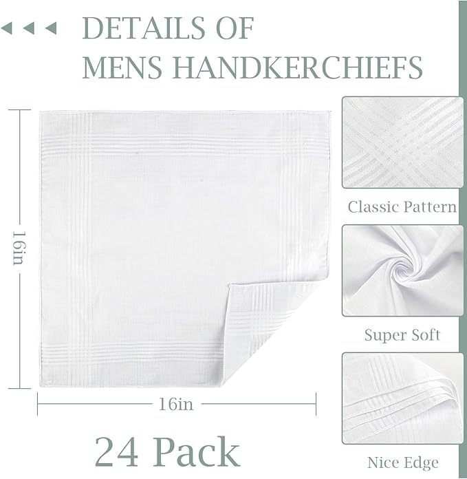 Handkerchiefs for Men, 100% Soft Cotton White Hankies, Classic Reusable Men's Handkerchiefs, 15x15 Inch Pocket Hanky
