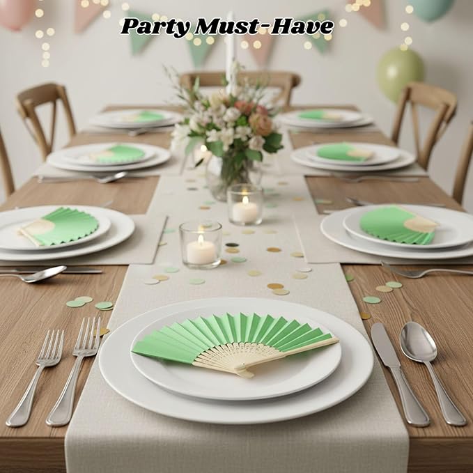 JOHOUSE 12PCS Foldable Hand Fan, 8.3 Inch Green Paper Fans for Woodland Baby Shower Decorations, Wedding, Outdoor Party Favors, Bridal Shower DIY Crafts Photography Prop