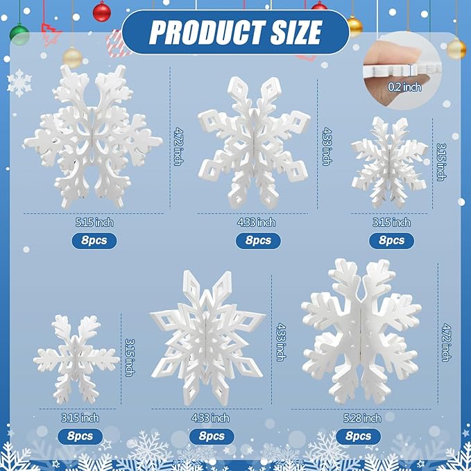 48 Pcs Wooden Snowflakes Table Decor for Christmas Table, 3D Snowflake Tabletop Signs Centerpiece for Xmas Winter Wonderland Decorations Home Party(White)