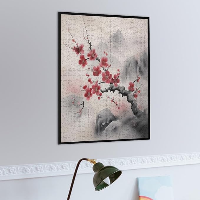 Red Plum Blossom Wooden Puzzle 500 Pieces Jigsaw Puzzles for Adults Puzzle Educational Toys Challenging Fun Games Gifts for Elders Kids Family and Friends