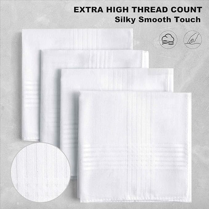 12 Pack Handkerchiefs for men, 100% Soft Cotton 16x16 Inch Men's Handkerchiefs, White Classic Pocket Hankies