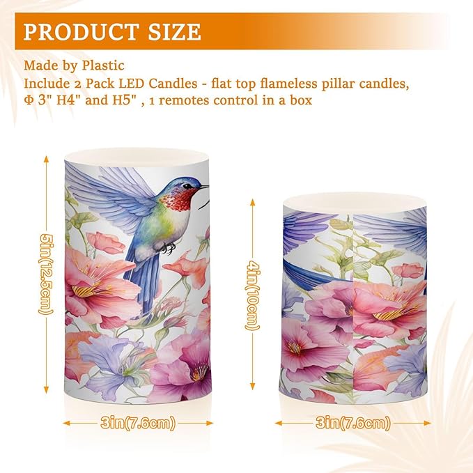 ALAZA Spring Hummingbird Flowers Flickering Flameless Candles Battery Operated with Remote Timer,Tea Light Candles LED Pillar Votive Candles Set of 2 for Outdoor Indoor Decorations