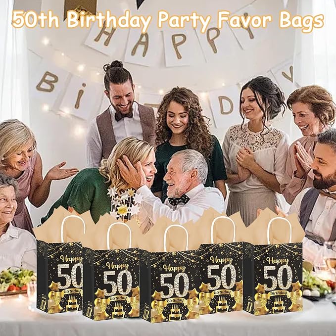 50Pcs 50th Birthday Party Favors Gift Bags Bulk, Black and Gold Happy 50th Gift Candy Wrap Bags with Tissue Paper, Vintage 50th Birthday Decorations Souvenir Bag for Men Women Anniversary Supplies (50th)