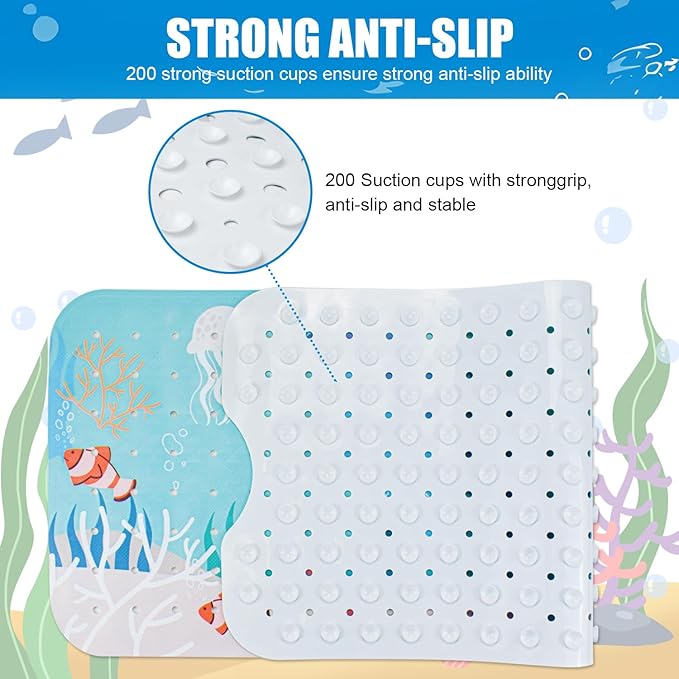 Vanleonet Baby Bathtub Mat Non Slip, 40''x16'' Bathtub Mat for Kids, Cartoon Tub Mats Non Slip with Suction Cups & Drain Holes, Machine Washable, Whale, Sea Turtle