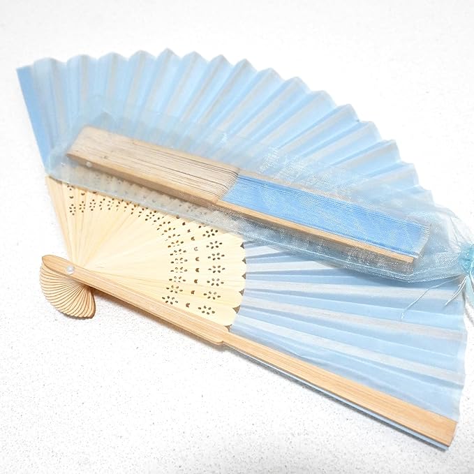 Personalized Engraved Silk Fans Folding Hand Fans with Organza Bags, 53Pcs Light Blue Summer Wedding Fans, Custom Imitated Silk-Bamboo Fans for Guests Wedding Party Favor Bridal Shower Gifts