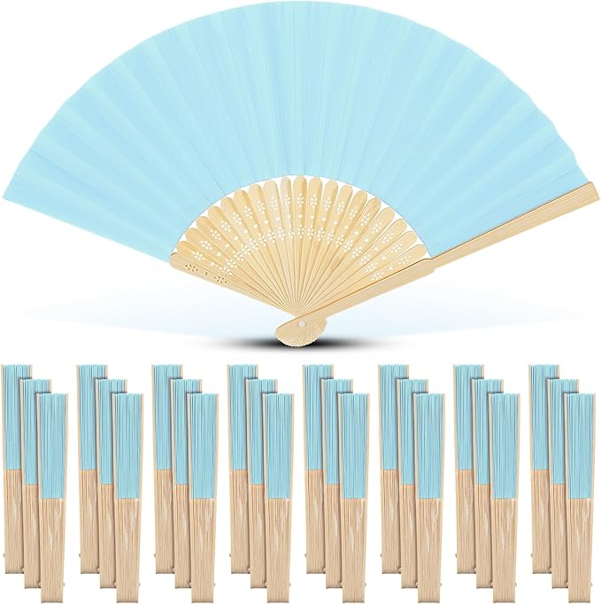 Yinkin 24 Pack Folding Fans Bamboo Handheld Folded Craft Hand Japanese Chinese Fans for Weddings Bridal Dancing Church DIY Decoration Women Gift Party Favors (Light Blue)