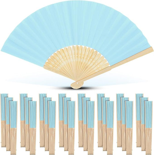 Yinkin 24 Pack Folding Fans Bamboo Handheld Folded Craft Hand Japanese Chinese Fans for Weddings Bridal Dancing Church DIY Decoration Women Gift Party Favors (Light Blue)
