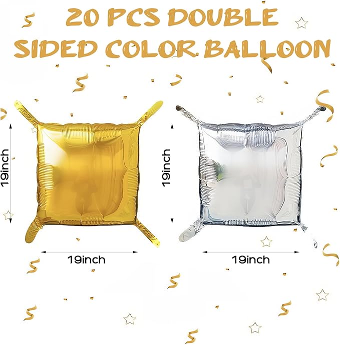 20PCS Silver Square Balloons, New Years Decorations Backdrop Balloon Wall Tunnel Double Sided Gold & Silver Foil Balloons Kit for Christmas New Year Eve Graduation Birthday Party