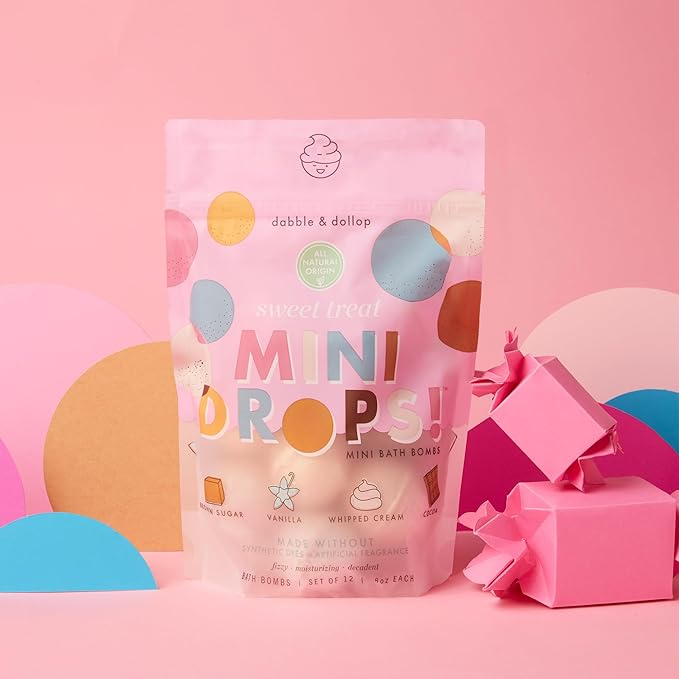 Dabble & Dollop Mini Bath Bombs, Natural Droplets for Kids, Sweet Treat Scents - Resealable Pouches, Fizzy, Moisturizing & Fun, Vegan, Gluten-Free, Cruelty-Free (Set of 36)
