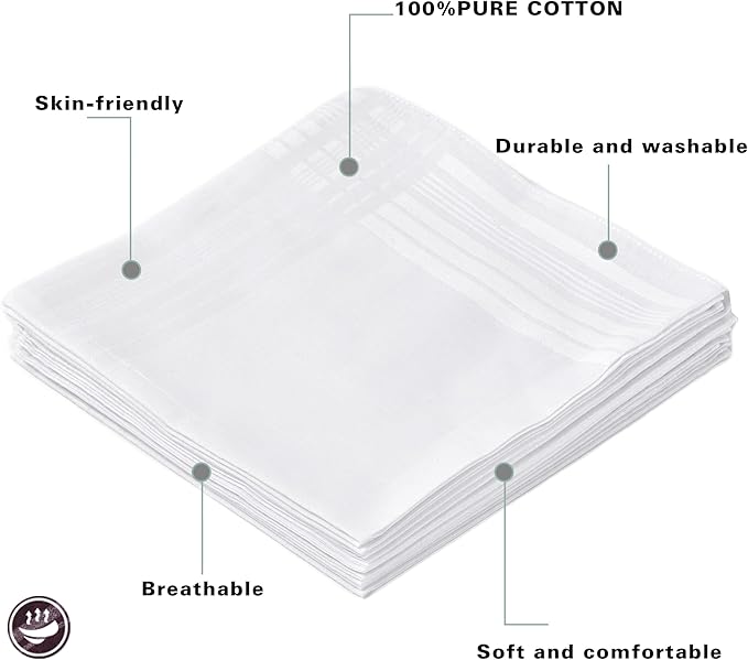 Men's Pure White 100% Cotton Handkerchief Pack of 12