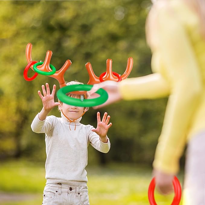 2 Set Inflatable Reindeer Antler Ring Toss Game for Christmas, with 2 Antlers and 8 Rings, Indoor Outdor Game Hats Family Christmas for Teens Adults, Fun Xmas Gifts