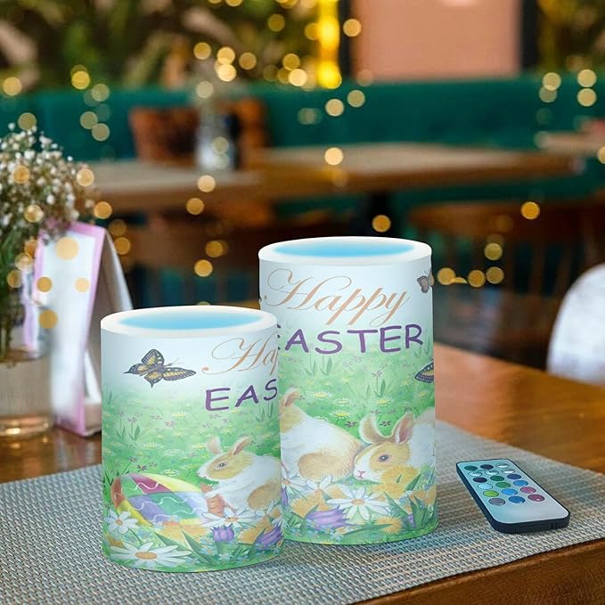 Easter Bunny Eggs Spring Flowers and Butterfly Flickering Flameless Candles Battery Operated with Remote Timer,Tea Light Candles LED Pillar Votive Candles set of 2 for Outdoor Indoor Decorations