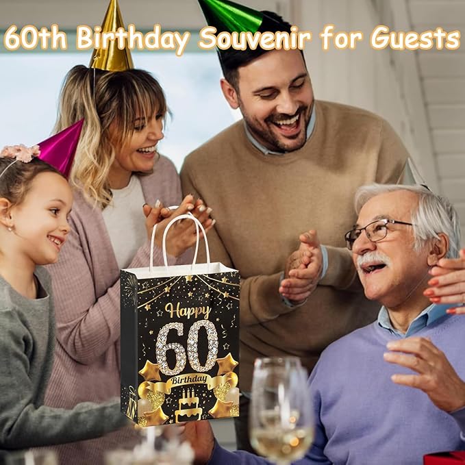 50Pcs 60th Birthday Party Favors Gift Bags Bulk, Black and Gold Happy 60th Gift Candy Wrap Bags with Tissue Paper, Vintage 60th Birthday Decorations Souvenir Bag for Men Women Anniversary Supplies (60th)