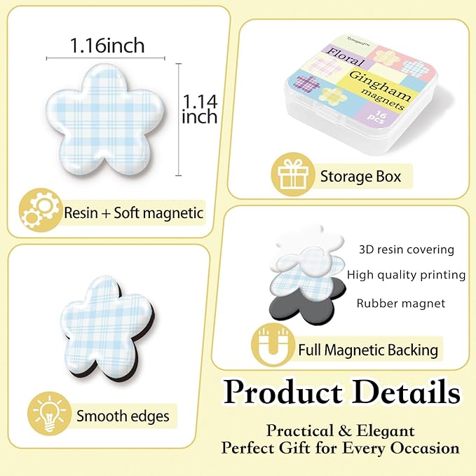 16 Pcs Floral Gingham Fridge Magnets, Strong Magnetic Cute Small Decorative Designs for Office, Kitchen, Home, School, Locker, Cabinet, Whiteboard & Gift, Flowers Magnet