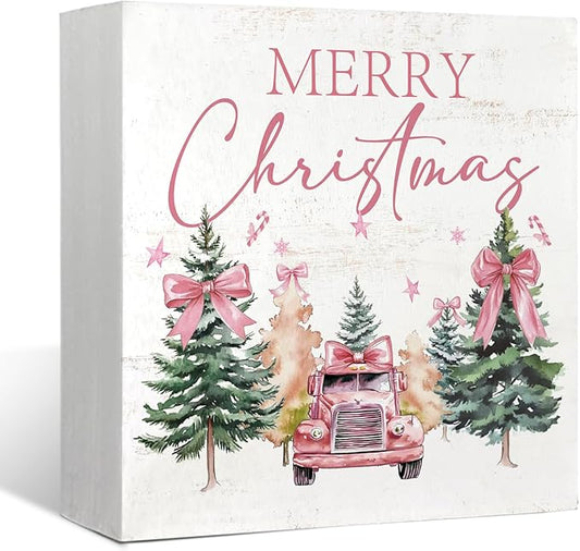 Mtrgdn Pink Merry Christmas Decor Sign,Christmas Pink Bow Truck Tree Box Signs,Winter Xmas Decorations for Home Bathroom Bedroom Office Table Desk Shelf Wall,Xmas Gifts for Women Girls Friends,5x5 Inch