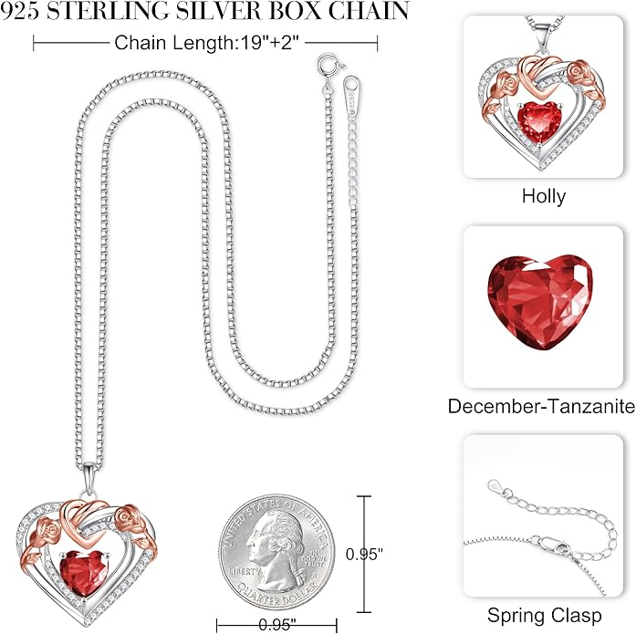 JKK Valentines Day Gifts for Mom - S925 Sterling Silver 12 Month Birthstone Necklaces Valentine's Day Mothers Day Birthday Christmas Gifts for Women Wift Mom
